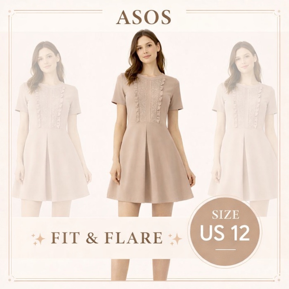 NWT ASOS Lace Panel Fit & Flare Dress Soft Taupe Beige/ Nude Beige Size US 12